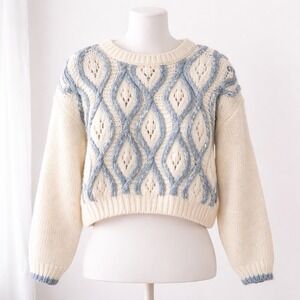VTG 90s Nuggets Ramie‎ Chunky Knit Sweater Blue Ivory Cropped L Cozy Boxy